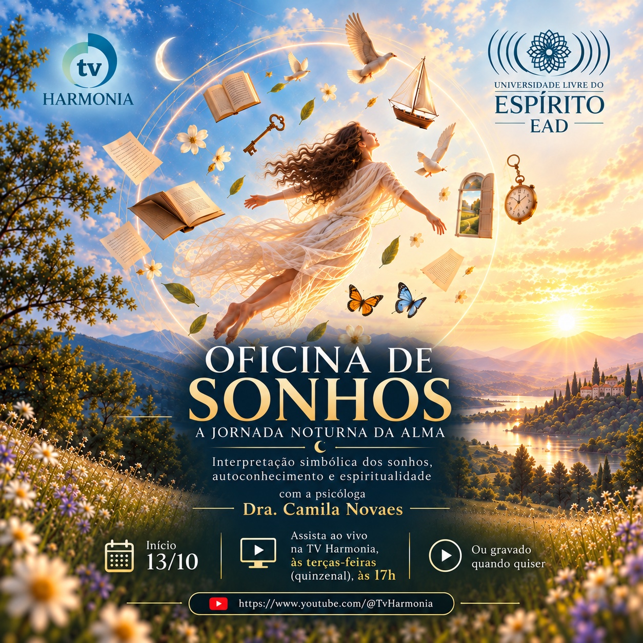 Arte de divulgação de Oficina de Sonhos: a jornada noturna da alma, com Dra. Camila Novaes, na TV Harmonia. Início em 13/10, terças-feiras, quinzenalmente, às 17h.